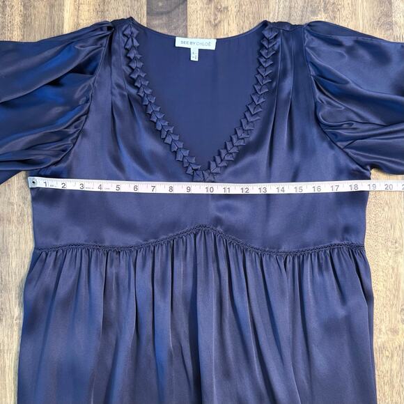 See by Chloe Women’s 100% Silk Empire Waist Cold Shoulder V Neck Dress Blue Sz 6 - Picture 6 of 13